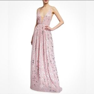 THEIA Foil Print Blush Chiffon Formal Gown